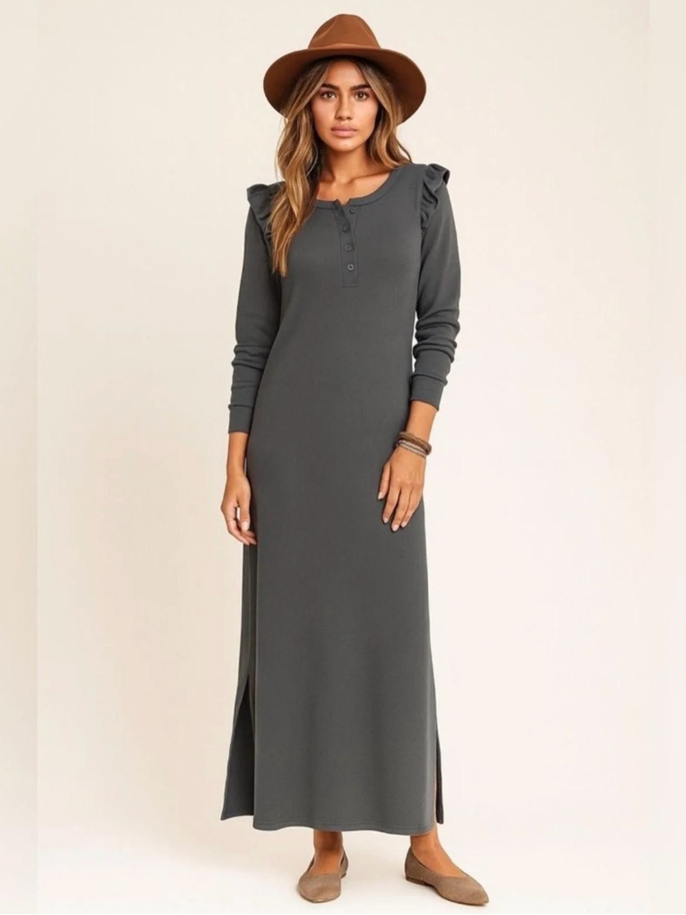 Z SUPPLY Gray Ruffle Shoulder Long-Sleeve Maxi Dress Small & Large NWT
